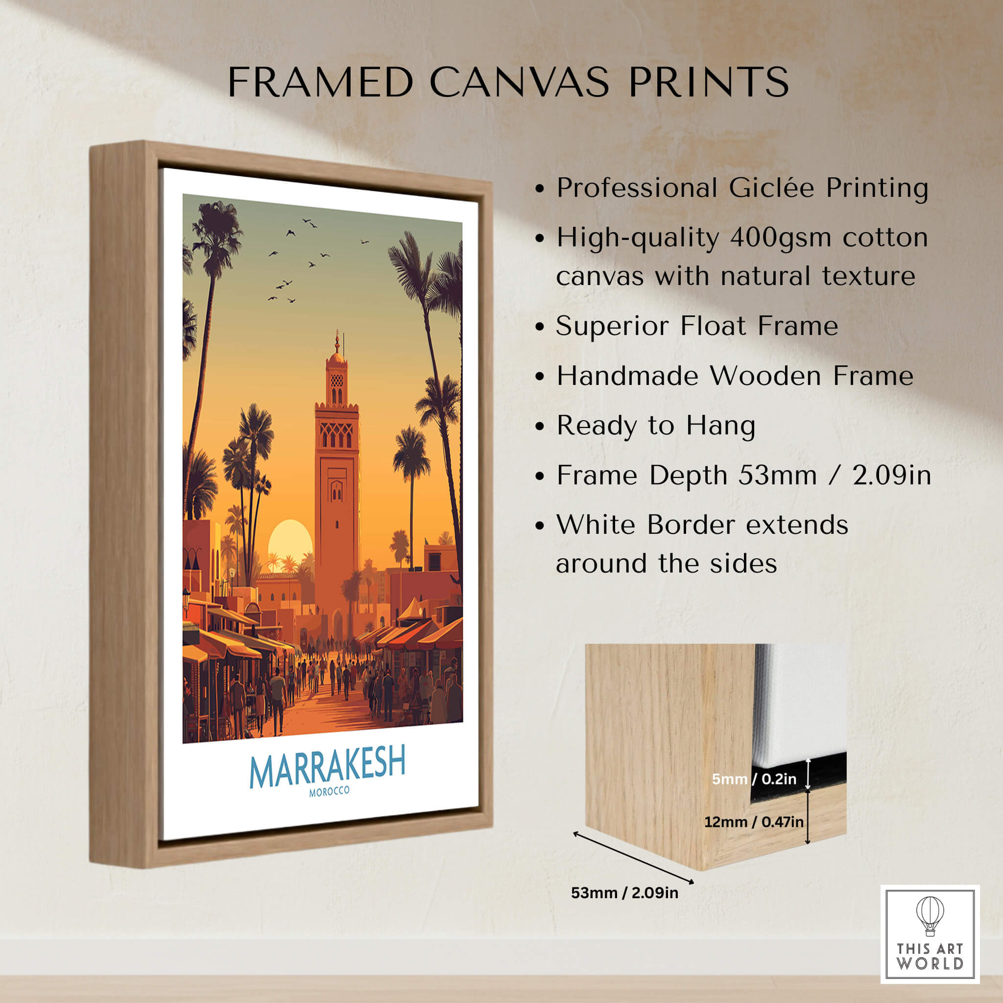 Marrakesh Morocco Posters | Historic Medina Sunset Canvas Print framed canvas art showcasing intricate details.