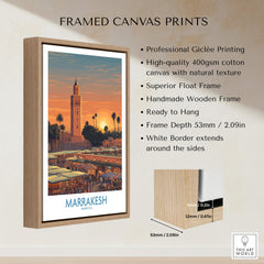 Marrakesh Morocco Canvas Art Print | Jemaa el-Fnaa Market Scene Poster, framed with natural wooden texture.