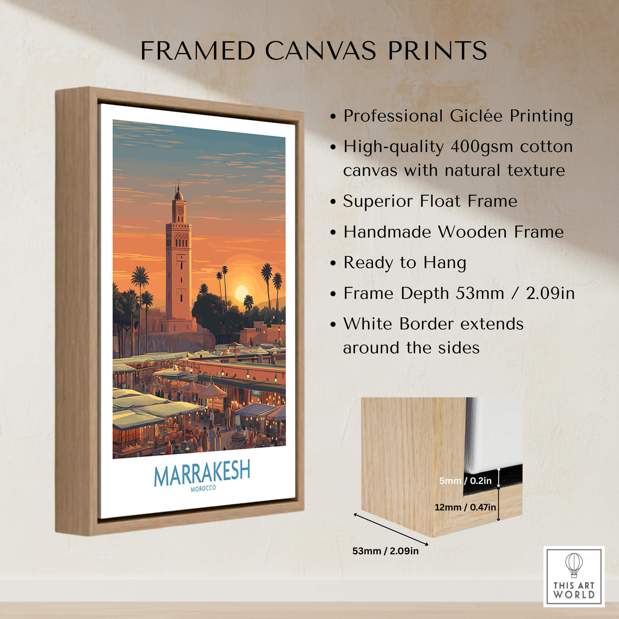Marrakesh Morocco Canvas Art Print | Jemaa el-Fnaa Market Scene Poster, framed with natural wooden texture.