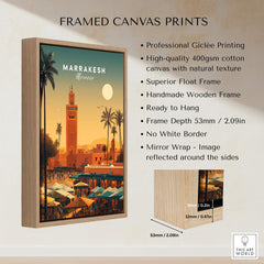 Marrakesh Morocco Wall Art Print | Bustling City Market Travel Posters framed canvas print features vibrant city market scene.