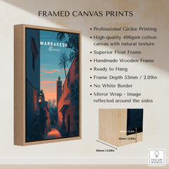 Marrakesh Morocco Travel Poster | Medina Alleyway Twilight Wall Art Print displayed in a framed canvas print with wooden frame.