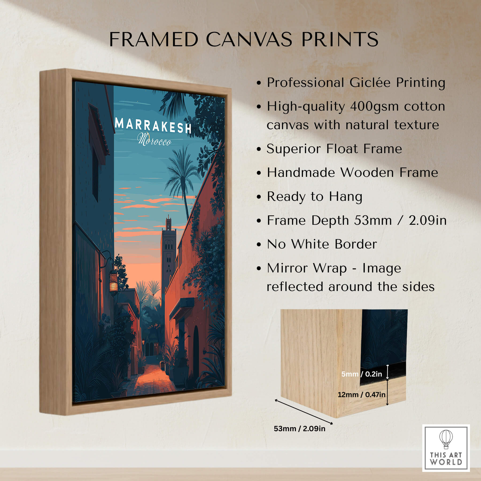Marrakesh Morocco Travel Poster | Medina Alleyway Twilight Wall Art Print displayed in a framed canvas print with wooden frame.