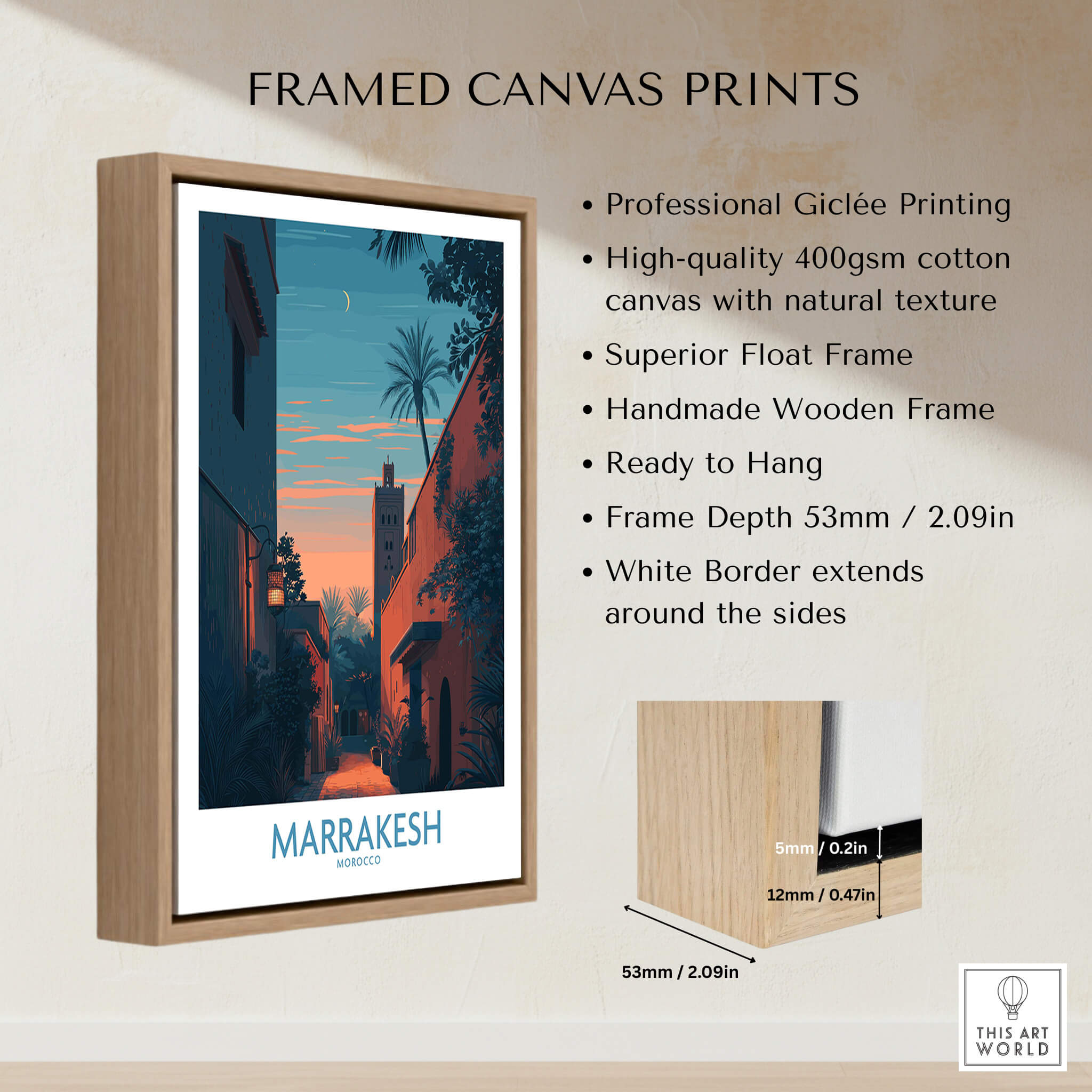 Marrakesh Morocco Canvas Print | Cityscape Poster framed with professional Giclée printing and natural texture.