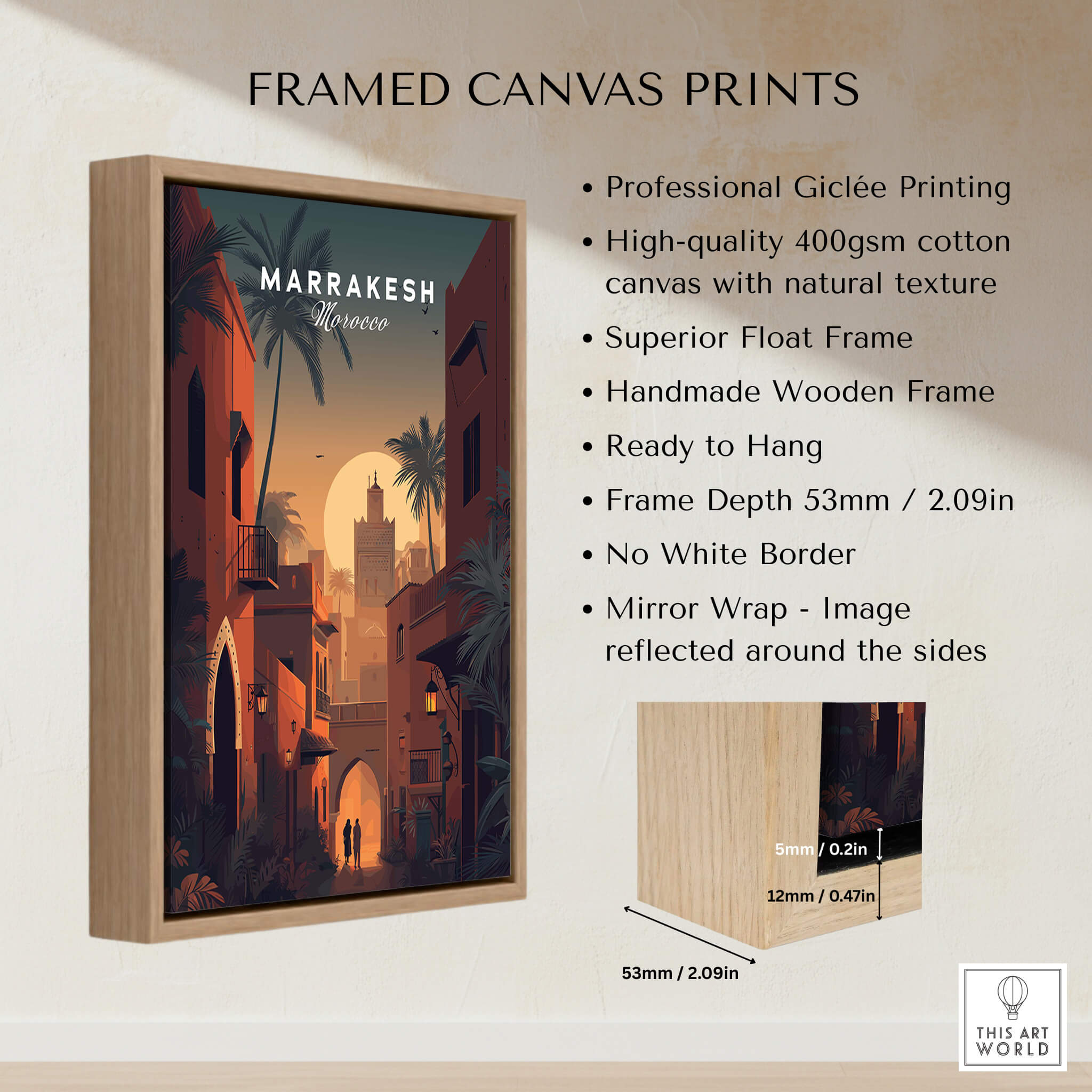 Marrakesh Morocco Wall Art Print | Sunset Medina Alleyway Travel Poster featuring framed canvas details.