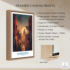 Marrakesh Morocco Poster | Romantic Moroccan Twilight Canvas Print framed in a wooden float frame, showcasing exquisite giclée printing.