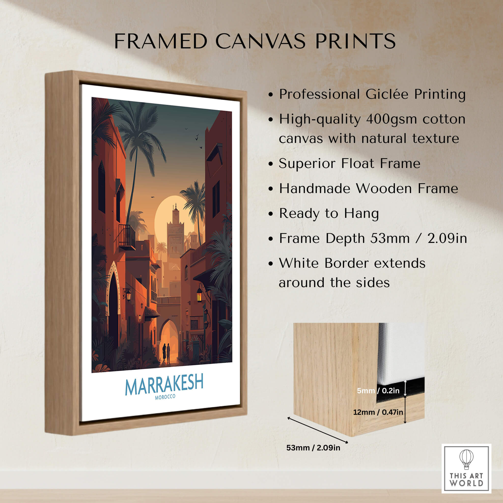 Marrakesh Morocco Poster | Romantic Moroccan Twilight Canvas Print framed in a wooden float frame, showcasing exquisite giclée printing.