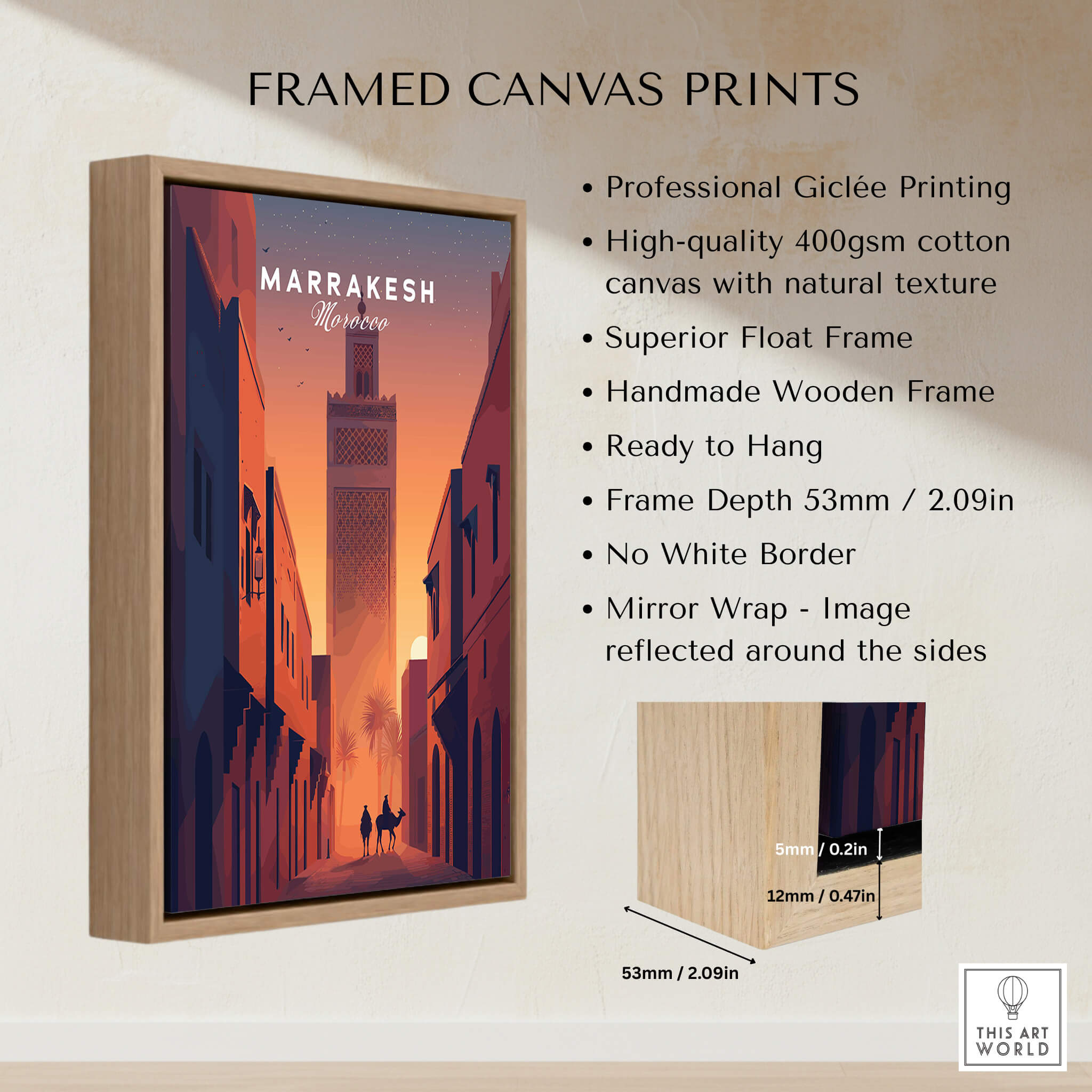 Marrakesh Morocco Travel Poster | Iconic Koutoubia Minaret Wall Art Print framed canvas print detail.