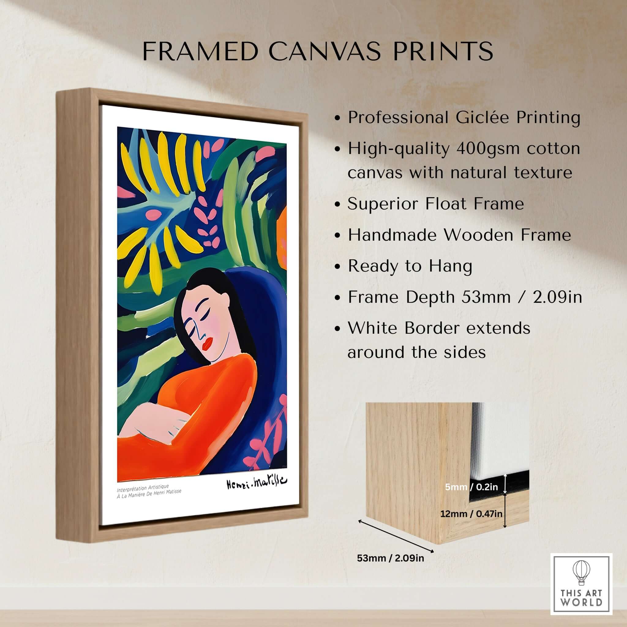 Matisse Art Prints - Abstract Woman in Foliage Poster displayed in a framed canvas print with a natural wood frame.