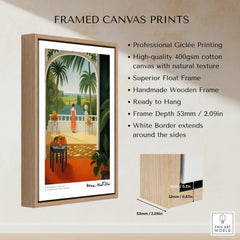 Matisse Art Prints - Woman on Balcony Sea View Poster displayed in elegant frame with palm trees and sunlit scene.