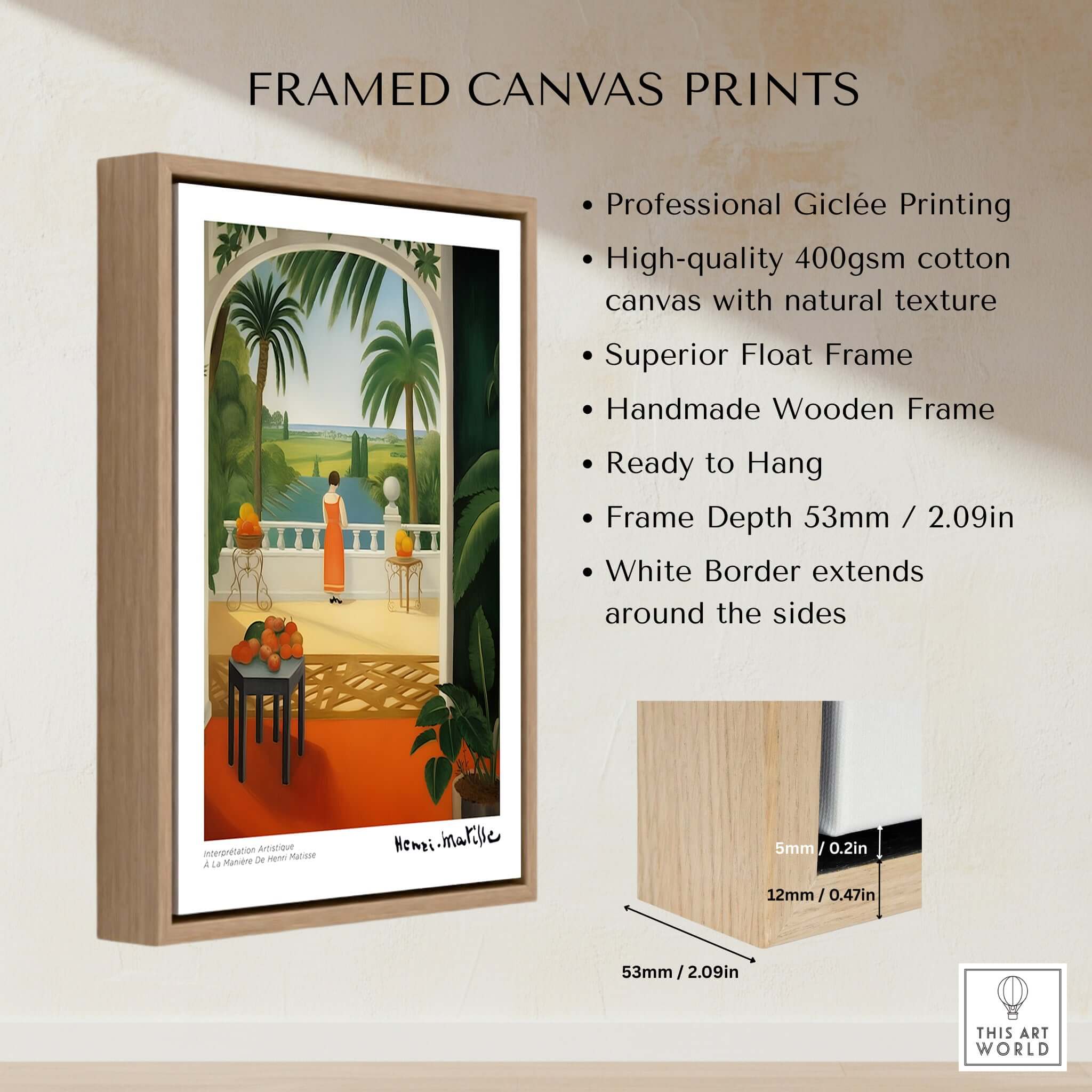 Matisse Art Prints - Woman on Balcony Sea View Poster displayed in elegant frame with palm trees and sunlit scene.