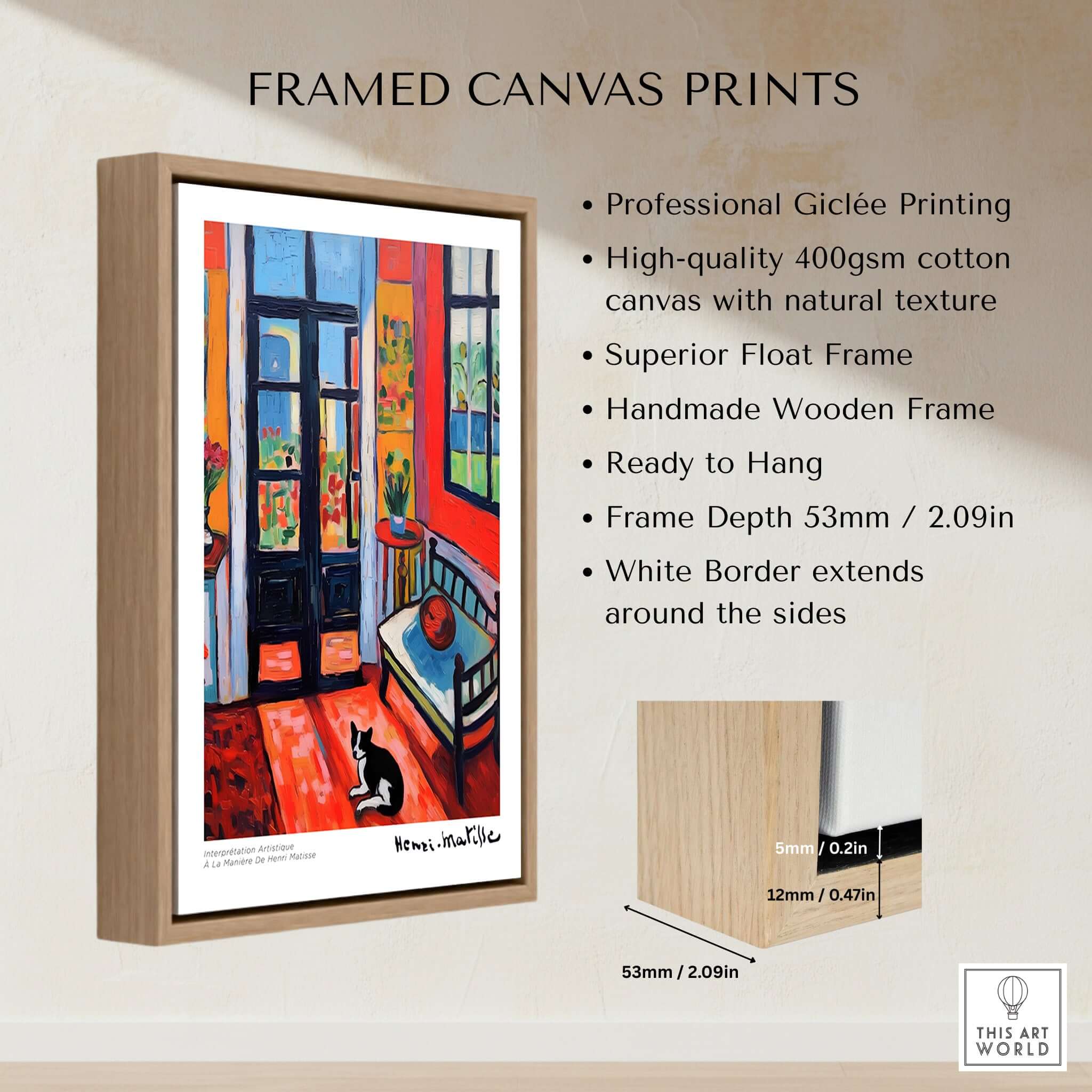 Matisse Art Prints - Interior with Cat and Open Door Poster features vibrant red walls and a black cat in a framed canvas print.