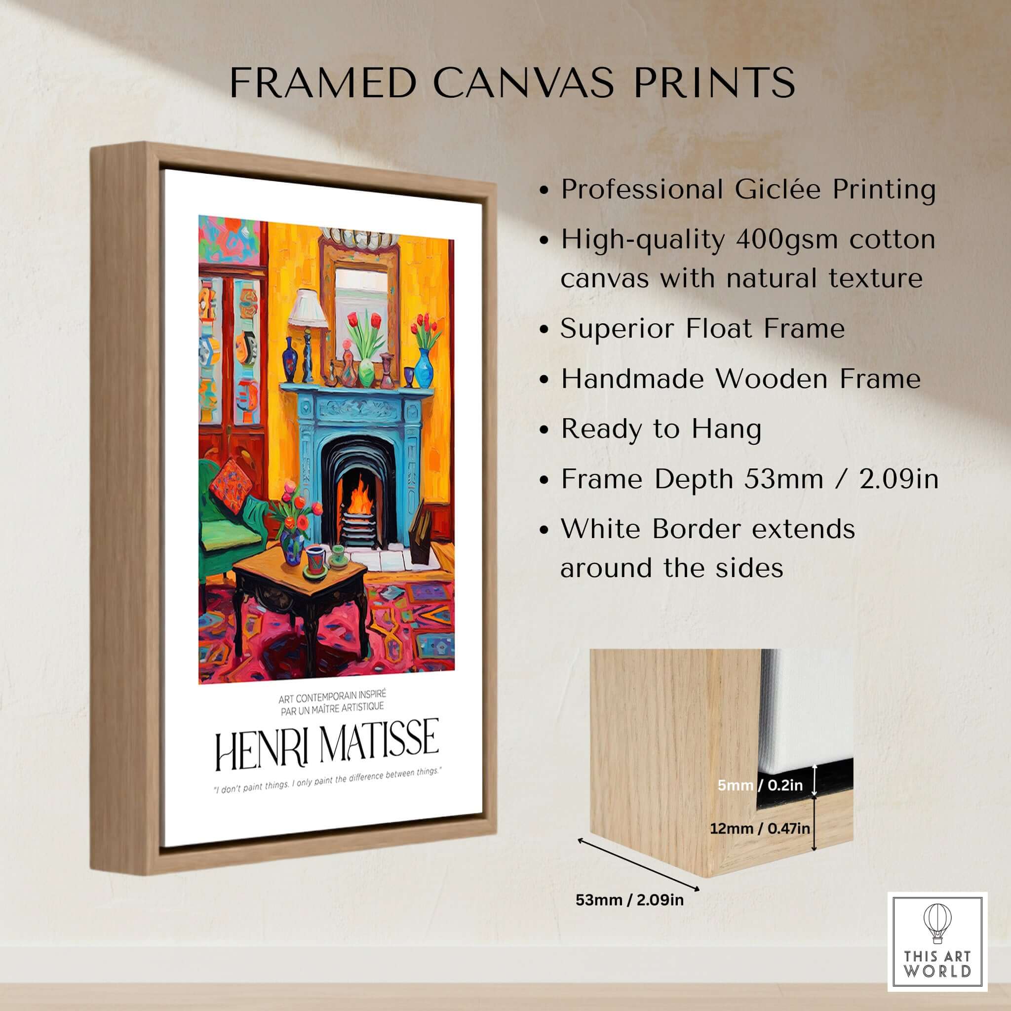 Matisse Art Prints - Cozy Fireplace Interior Poster with framed canvas features and dimensions.