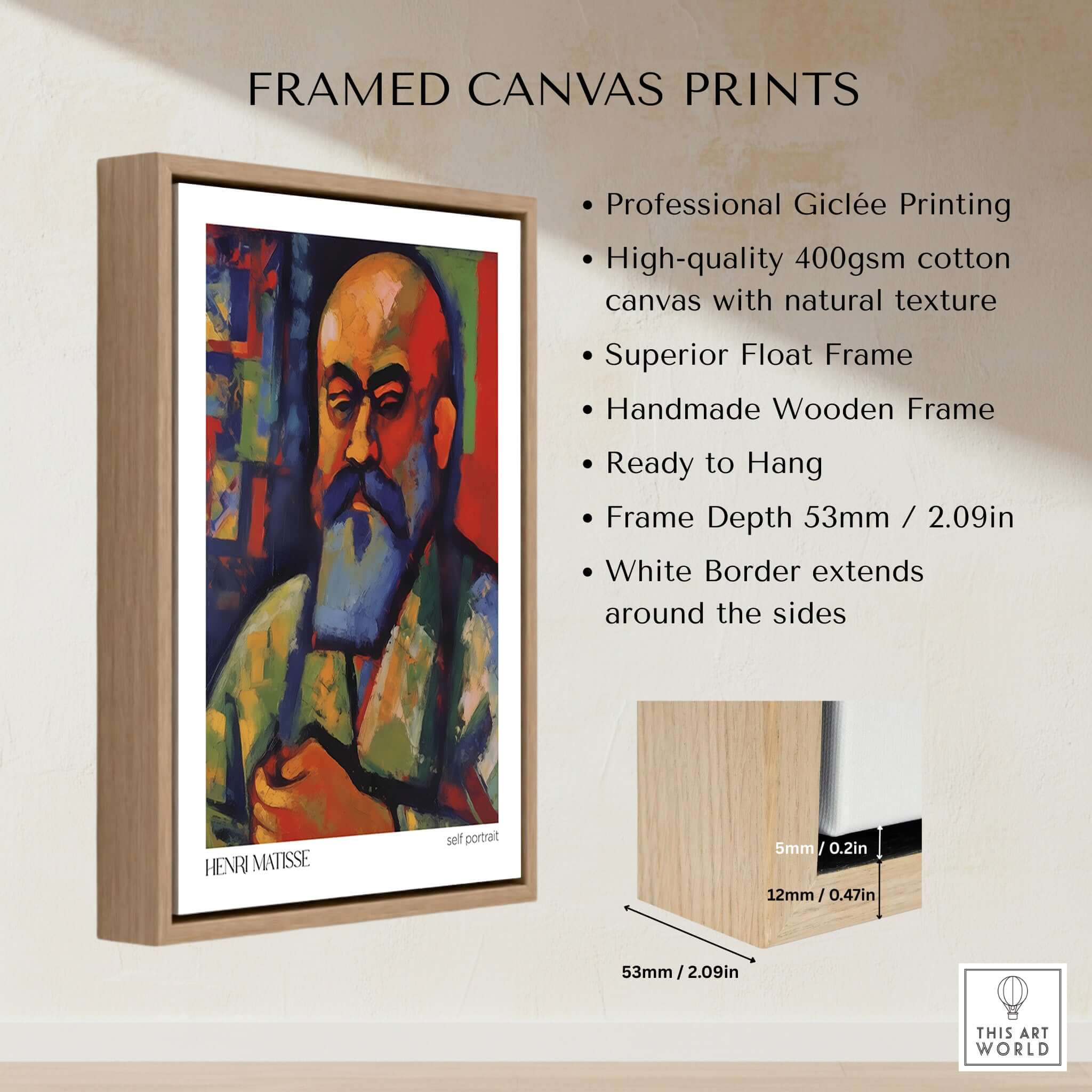 Matisse Art Prints - Fauvist Self Portrait Art Print framed with a handmade wooden frame and white border, ready to hang.