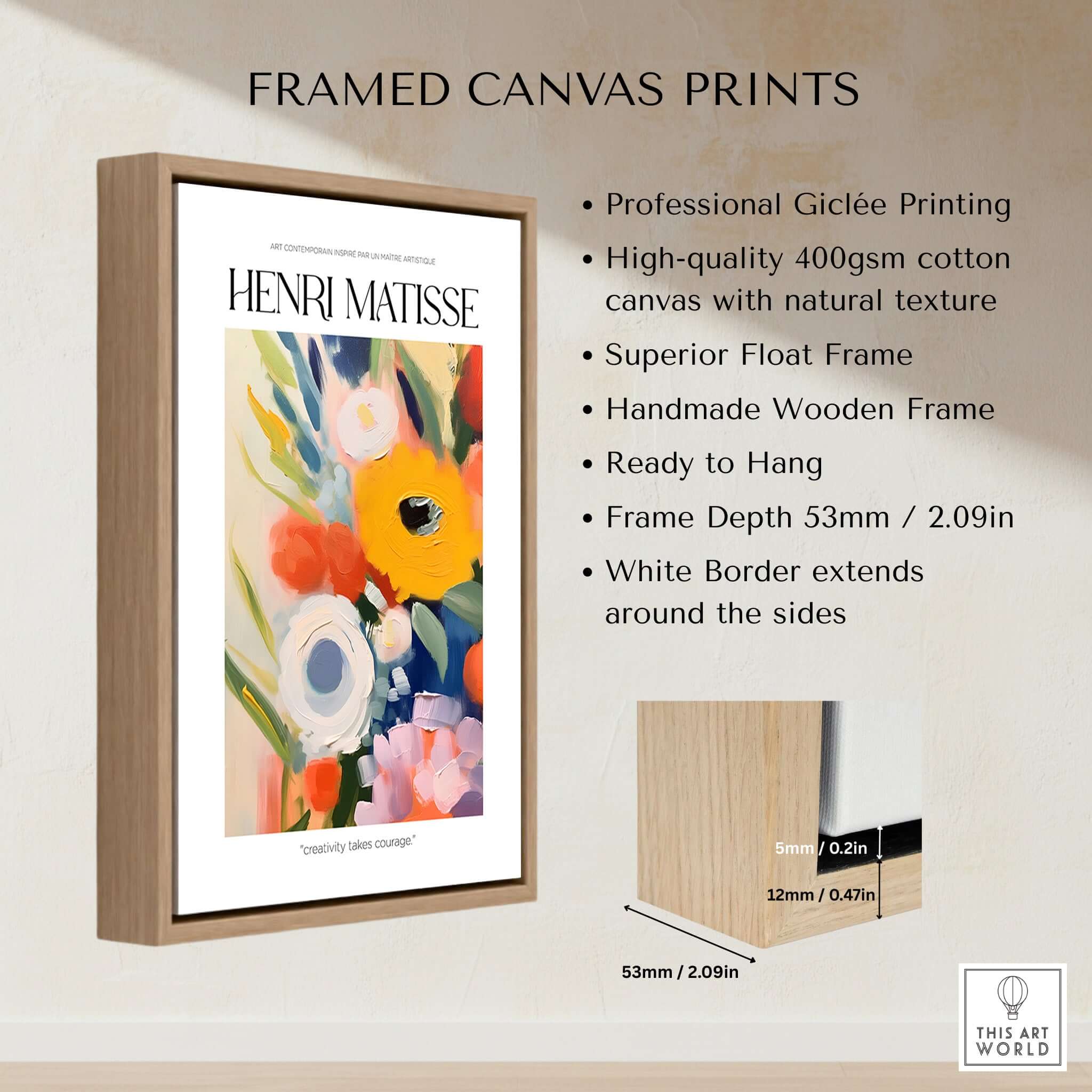 Matisse Art Prints - Abstract Flowers Poster, framed canvas print with professional Giclée printing and handmade wooden frame.