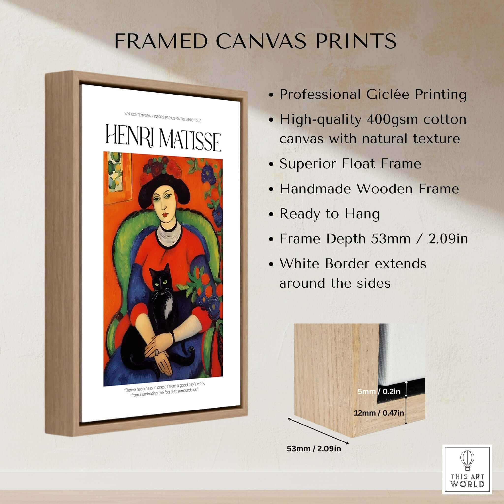 Matisse Art Prints - Woman with Black Cat Interior Poster displayed in a quality wooden frame.