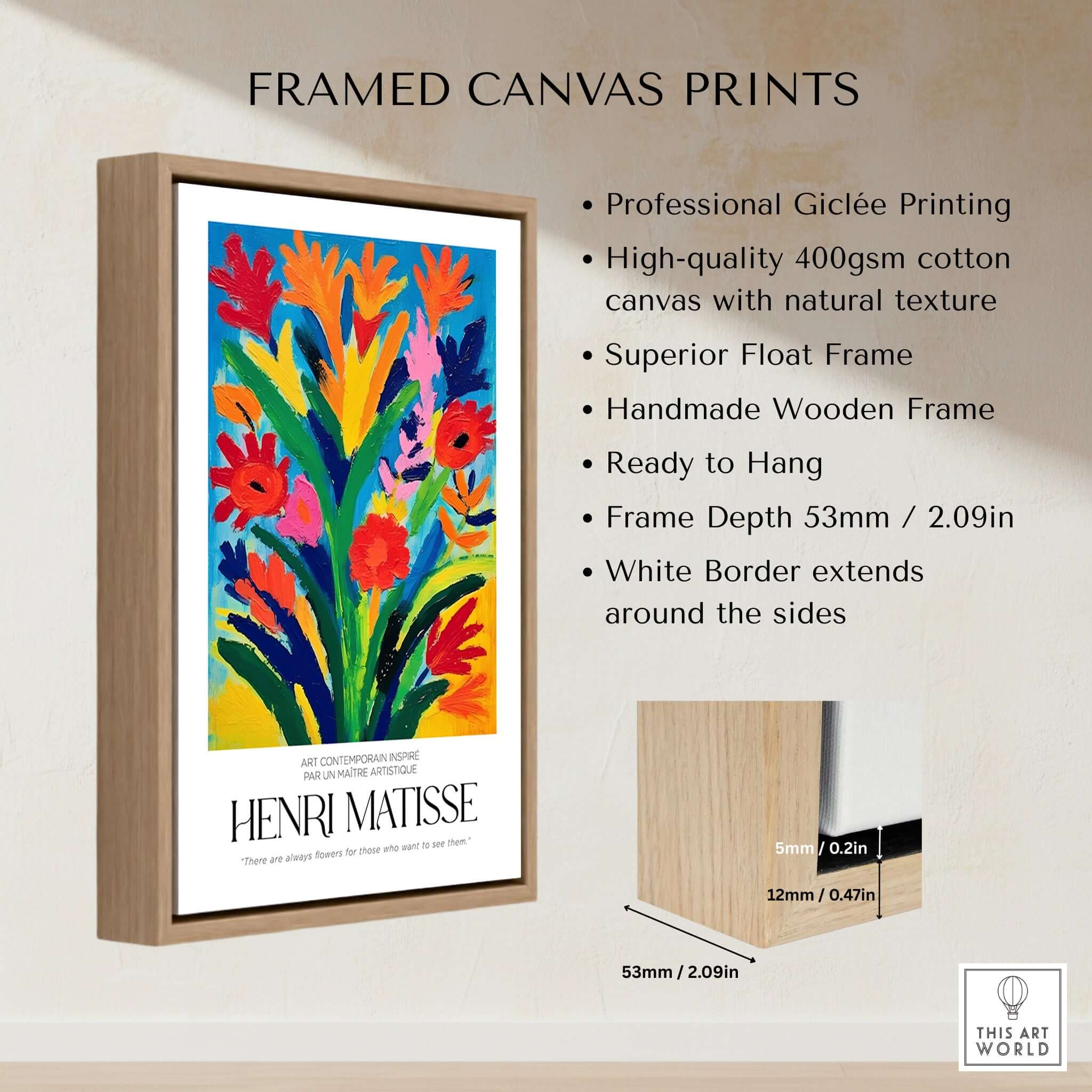 Matisse Art Prints - Abstract Floral Bouquet Print, framed canvas with vibrant flowers and professional giclée printing.