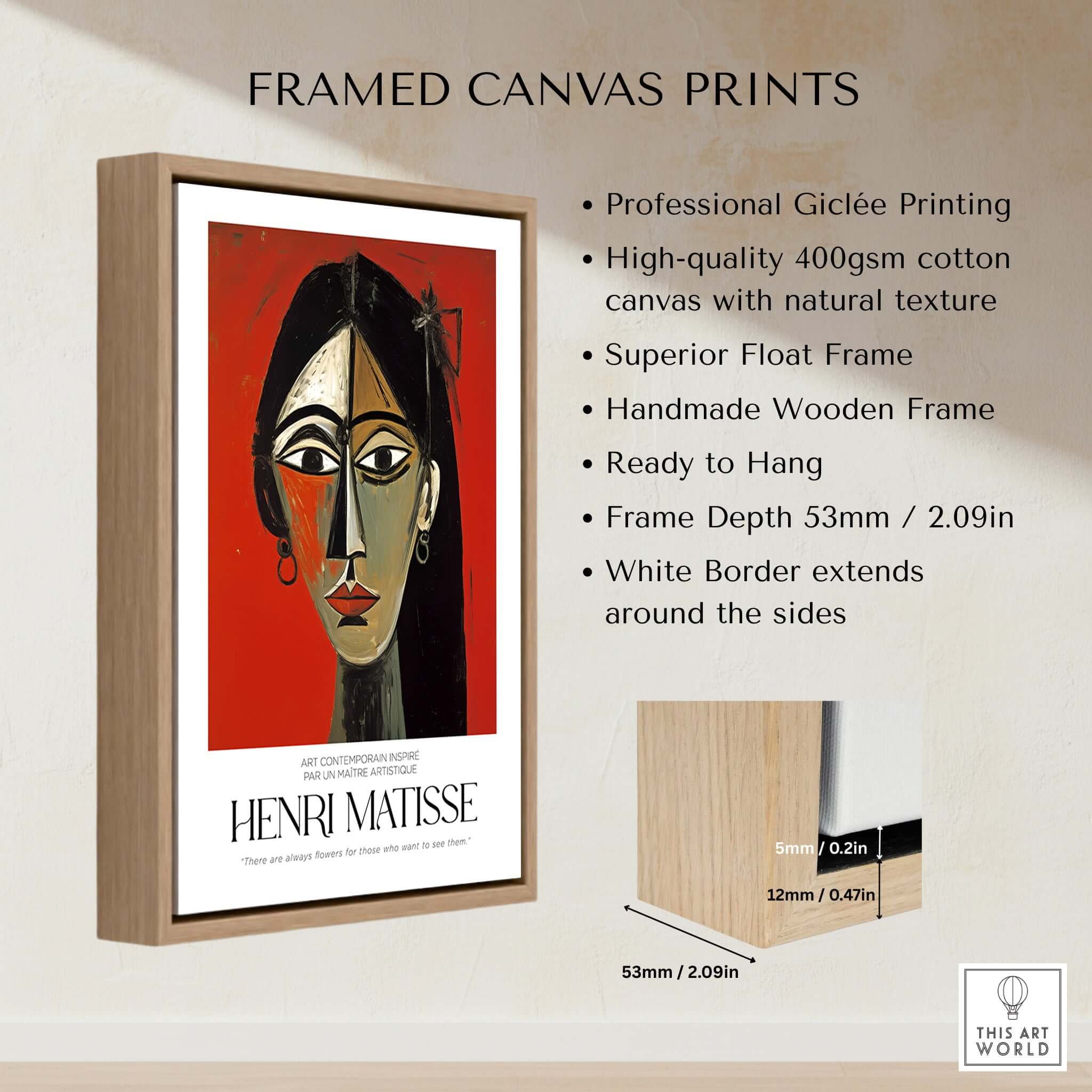 Matisse Art Prints - Stylized Woman Portrait Red Wall Art framed canvas print showcasing bold, modern design features.