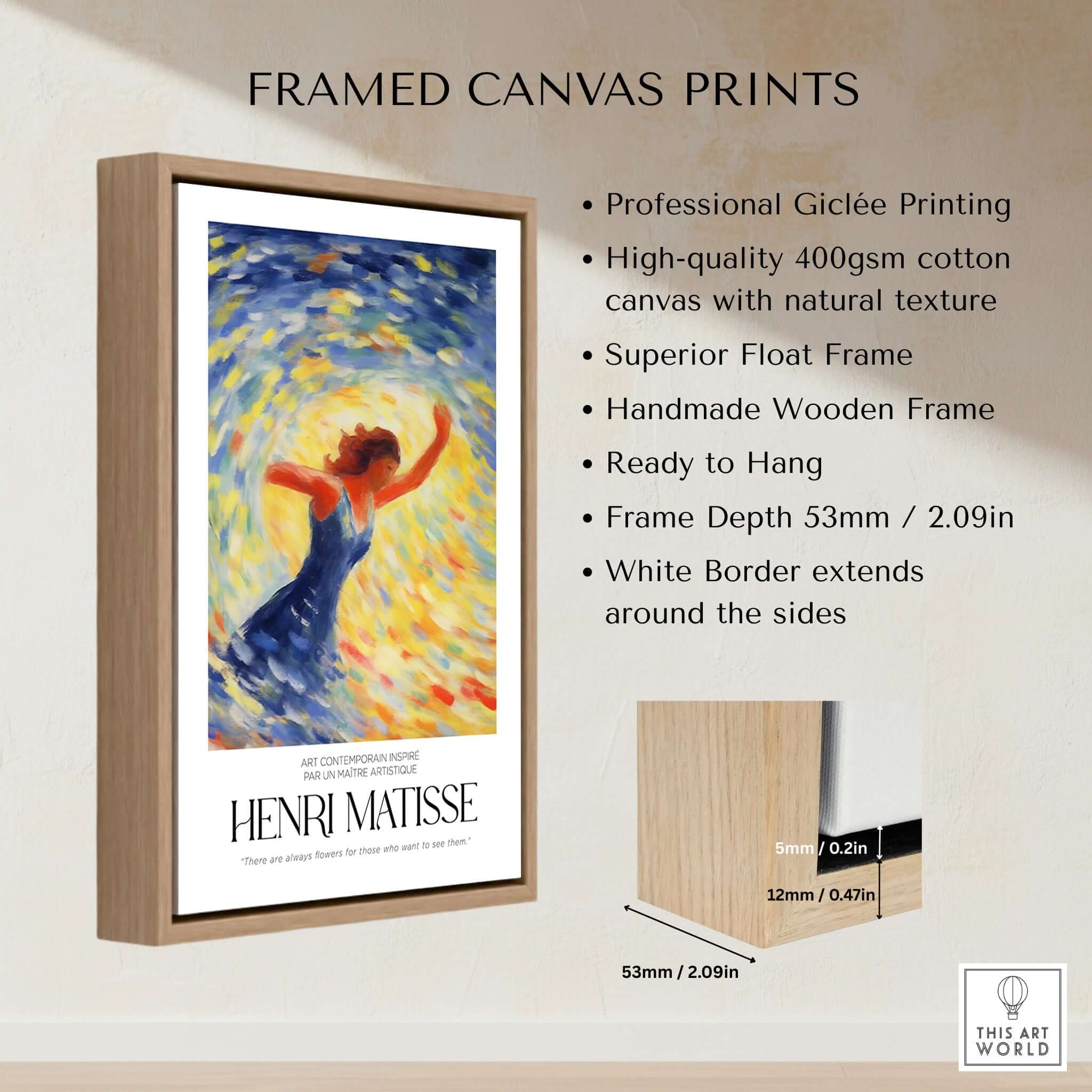 Matisse Art Prints - Dancing Figure Swirl Background Art Print displayed in framed canvas with vibrant colors and professional quality.