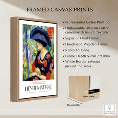 Matisse Art Prints - Woman with Blue Hat Garden Poster displayed in a stylish framed canvas print with natural texture.