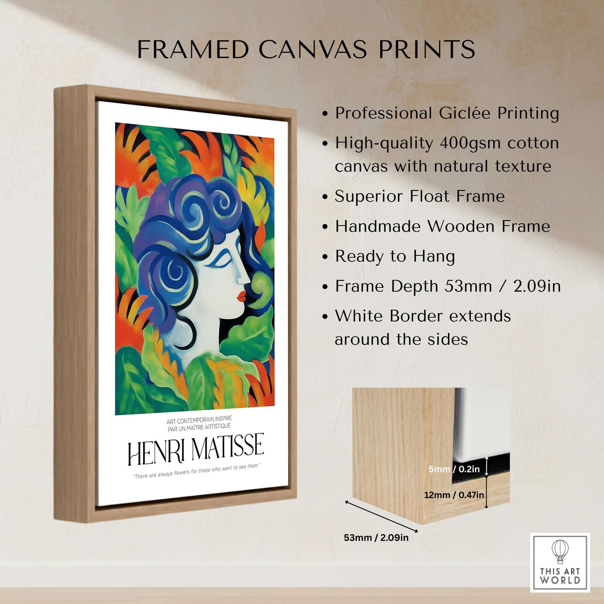 Matisse Art Prints - Woman with Flowers Abstract Art Print framed canvas print with vibrant colors and natural texture.