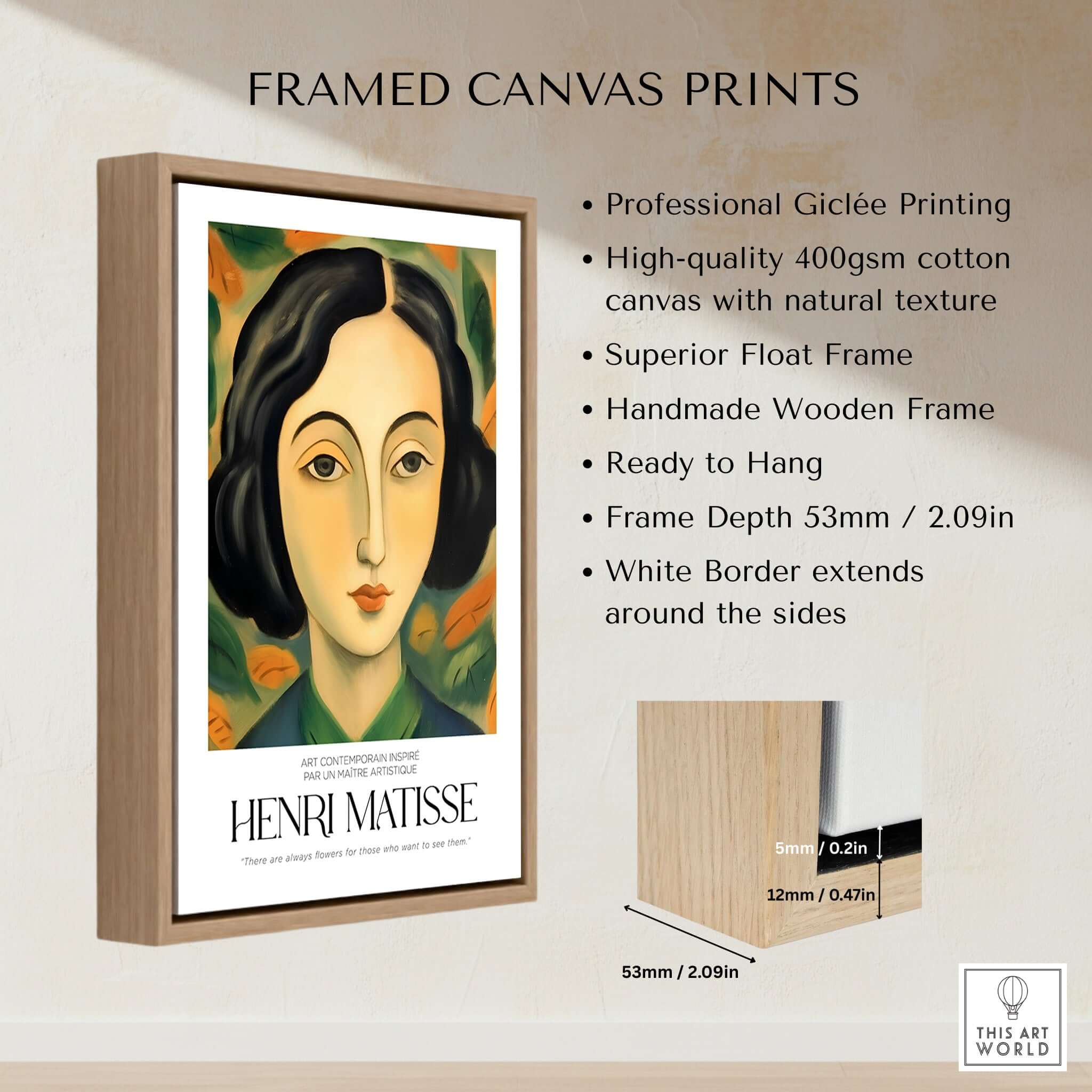 Matisse Art Prints - Woman Portrait Wall Art framed canvas print with professional giclée printing and wooden frame.