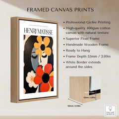 Matisse Art Prints - Woman with Flowers Abstract Art Print displayed in a framed canvas print with a wooden frame.