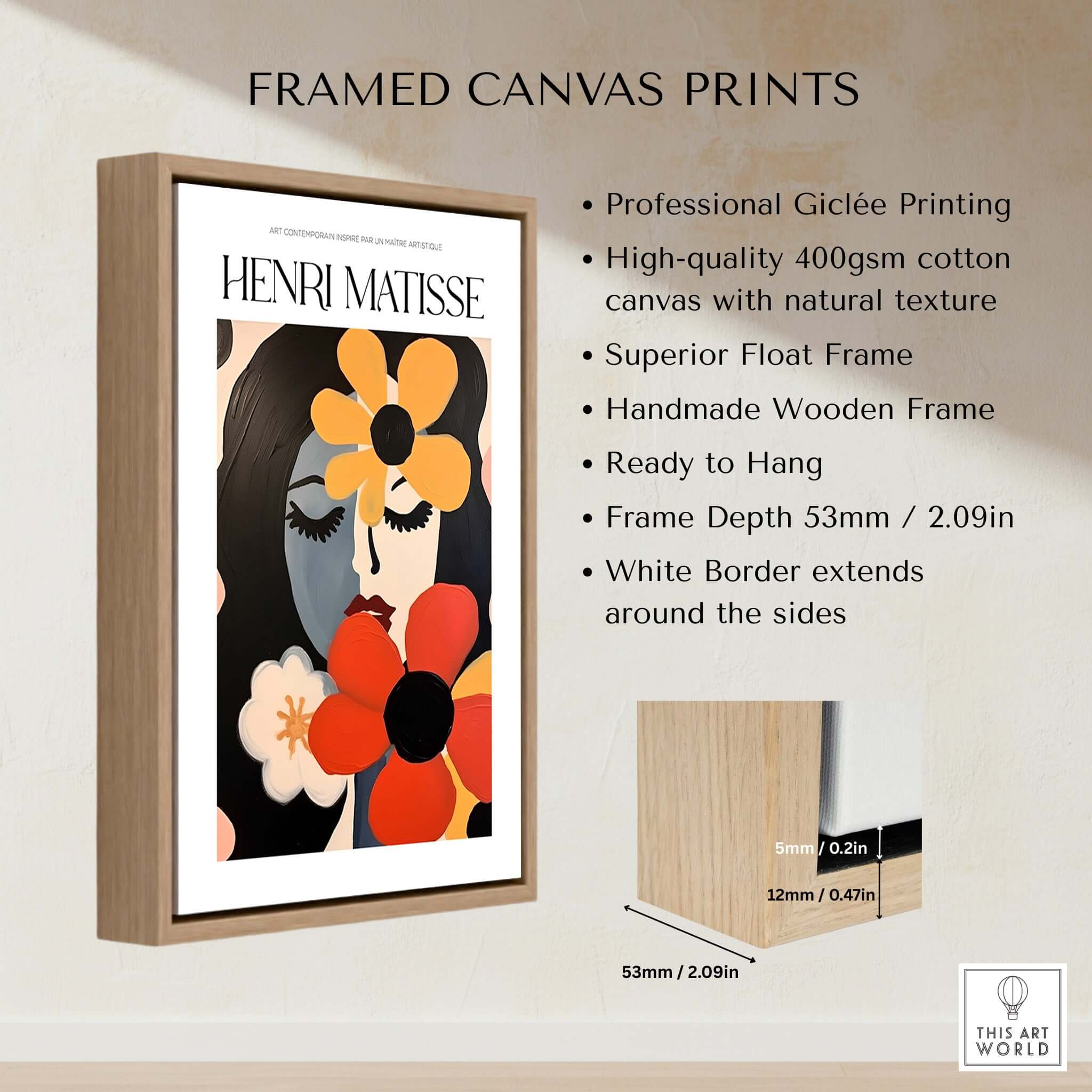 Matisse Art Prints - Woman with Flowers Abstract Art Print displayed in a framed canvas print with a wooden frame.