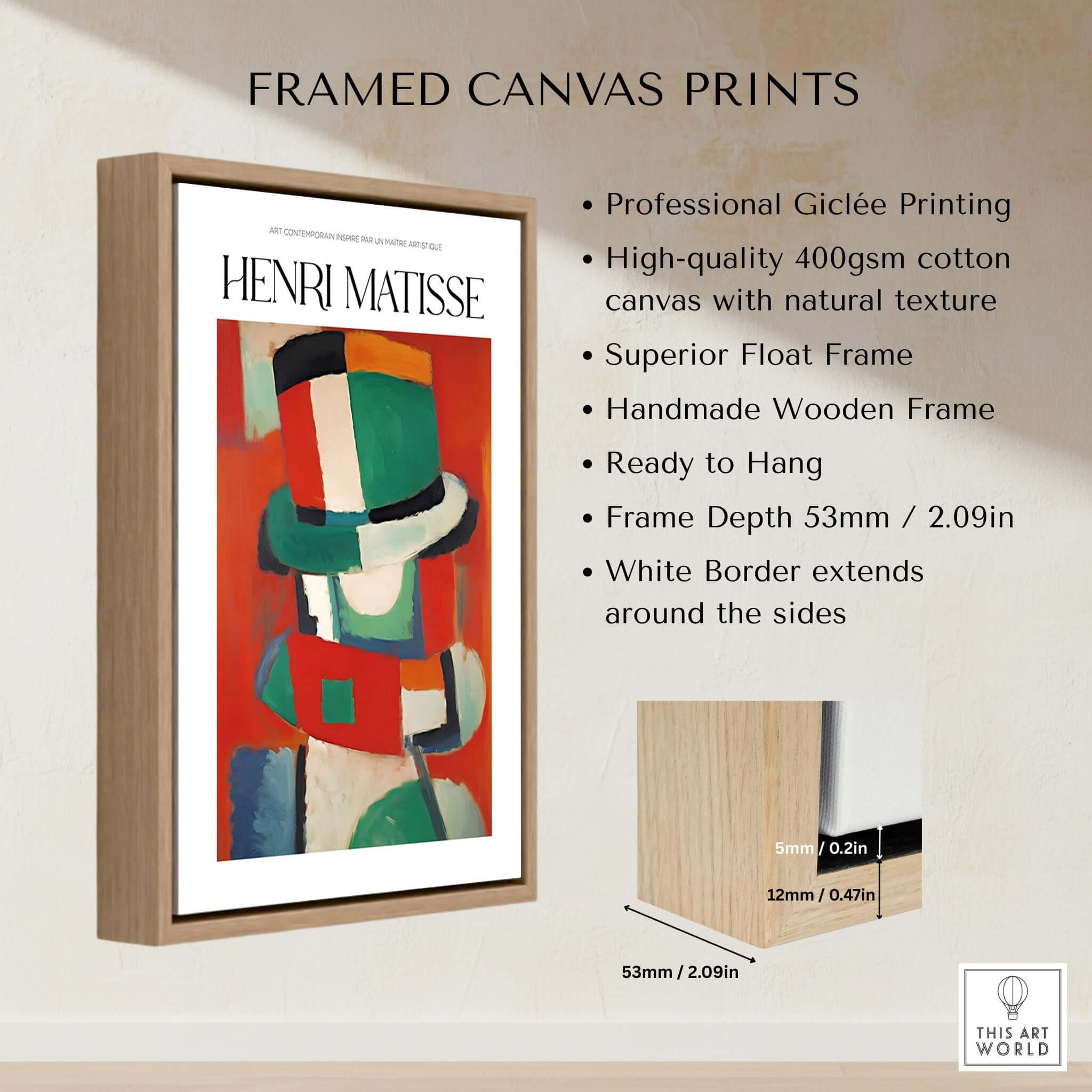 Matisse Art Prints - Abstract Figure with Hat Poster framed canvas print showcasing professional giclée printing and modern design.