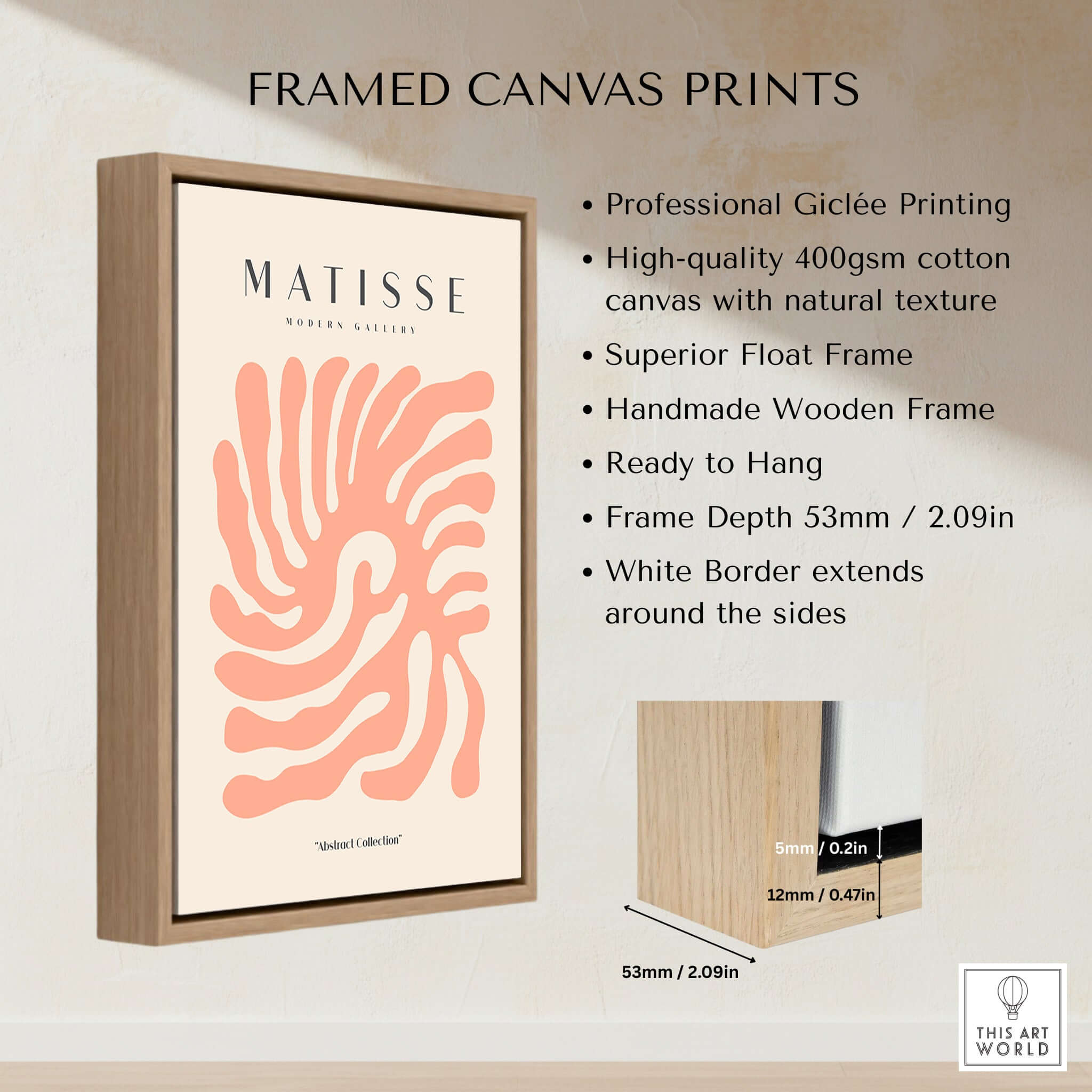 Matisse Art Prints - Peach Coral Swirl Abstract Poster framed canvas print featuring a natural wood frame and a peach design.