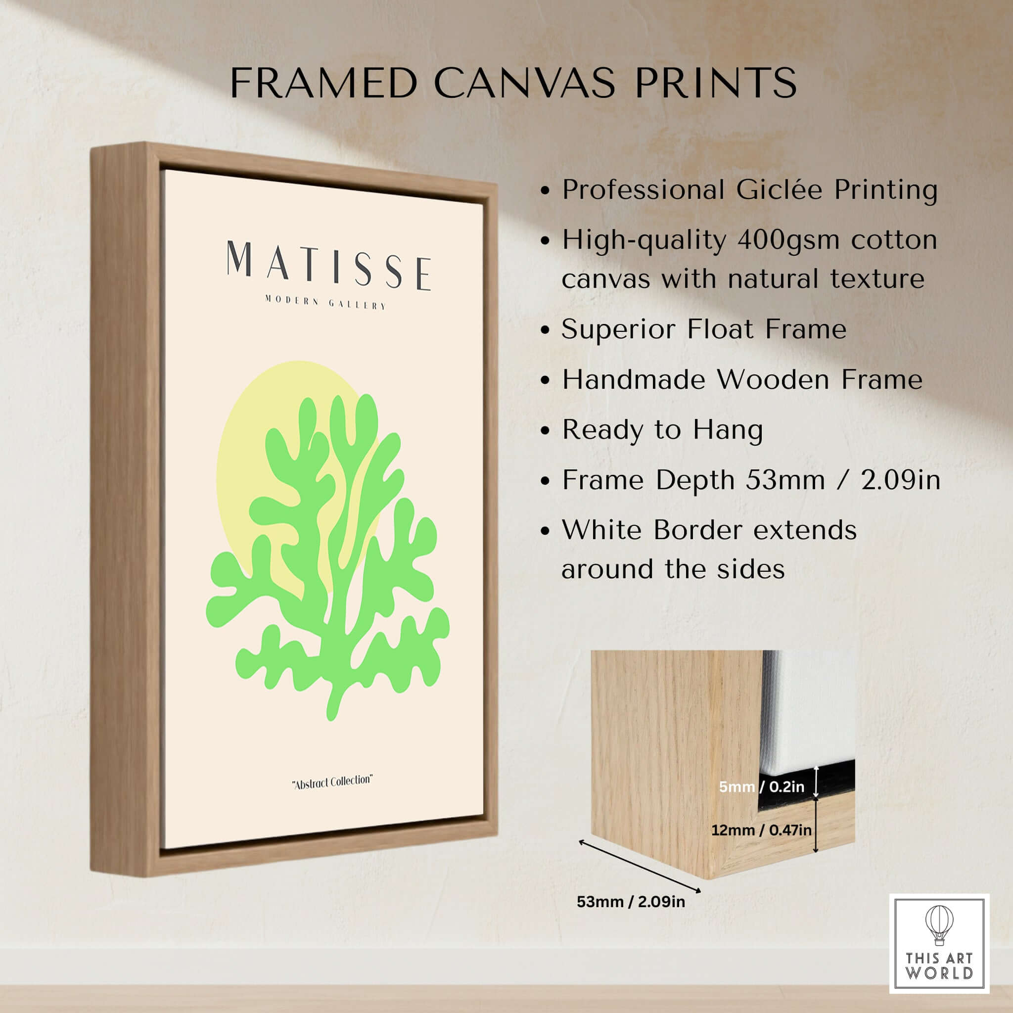 Matisse Art Prints - Lime Green Coral Abstract Sun Print displayed in a high-quality wooden frame with a white border.