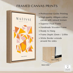 Matisse Art Prints - Warm Tone Geometric Triangles Poster displayed in a framed canvas with wooden frame