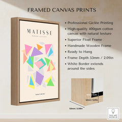 Matisse Art Prints - Colorful Geometric Triangles Poster framed canvas with vibrant geometric designs.