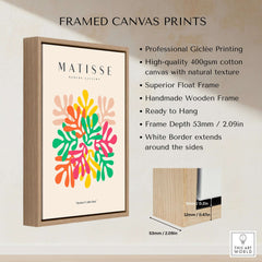 Matisse Art Prints - Interlocking Colorful Leaves Abstract Print on a framed canvas with natural texture and white border.