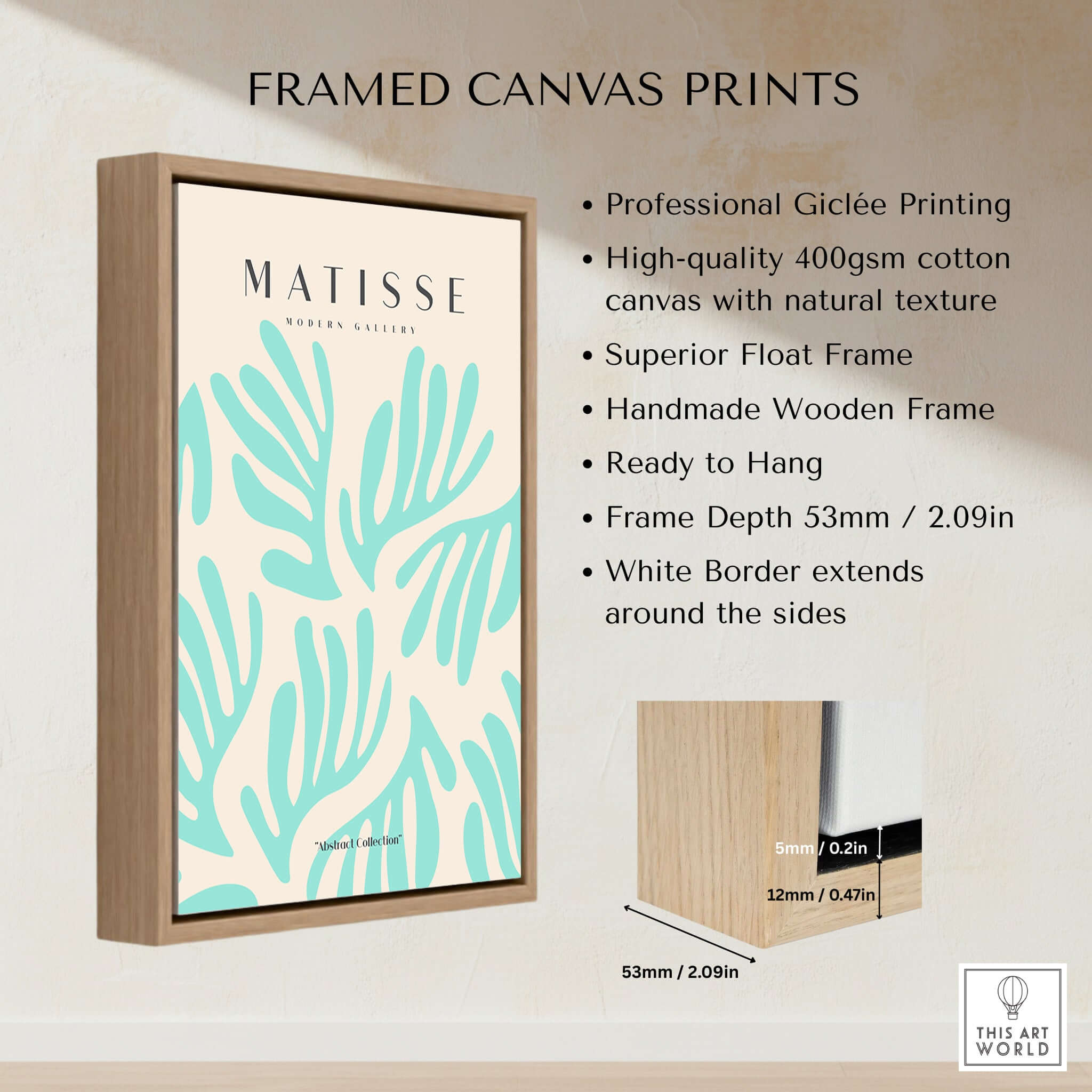Framed canvas print featuring Matisse Art Prints - Mint Green Fan Pattern Poster Art, ready to hang with white border.
