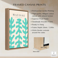 Matisse Art Prints - Teal Coral Pattern Abstract Wall Art displayed in a stylish frame with a light wooden finish.