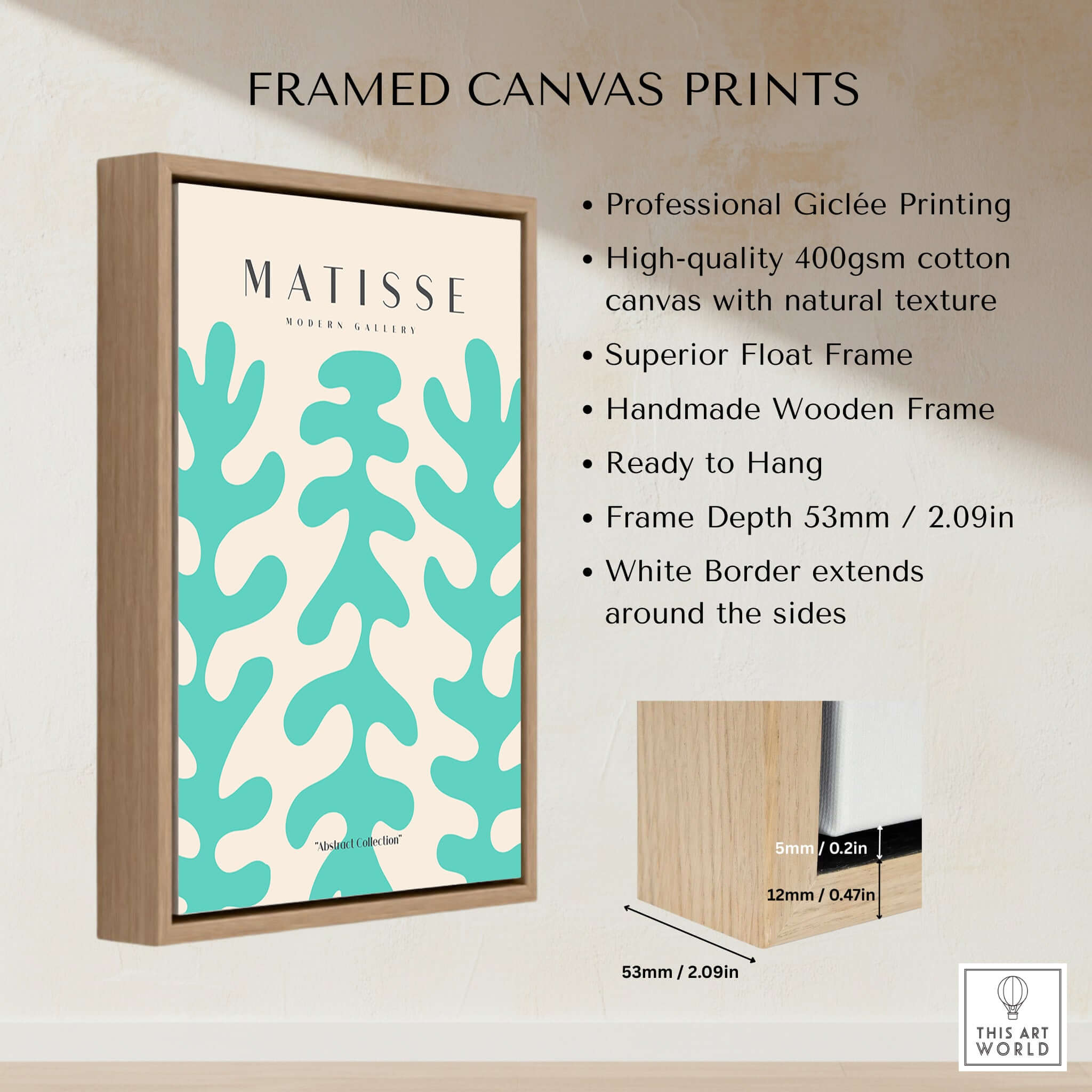 Matisse Art Prints - Teal Coral Pattern Abstract Wall Art displayed in a stylish frame with a light wooden finish.