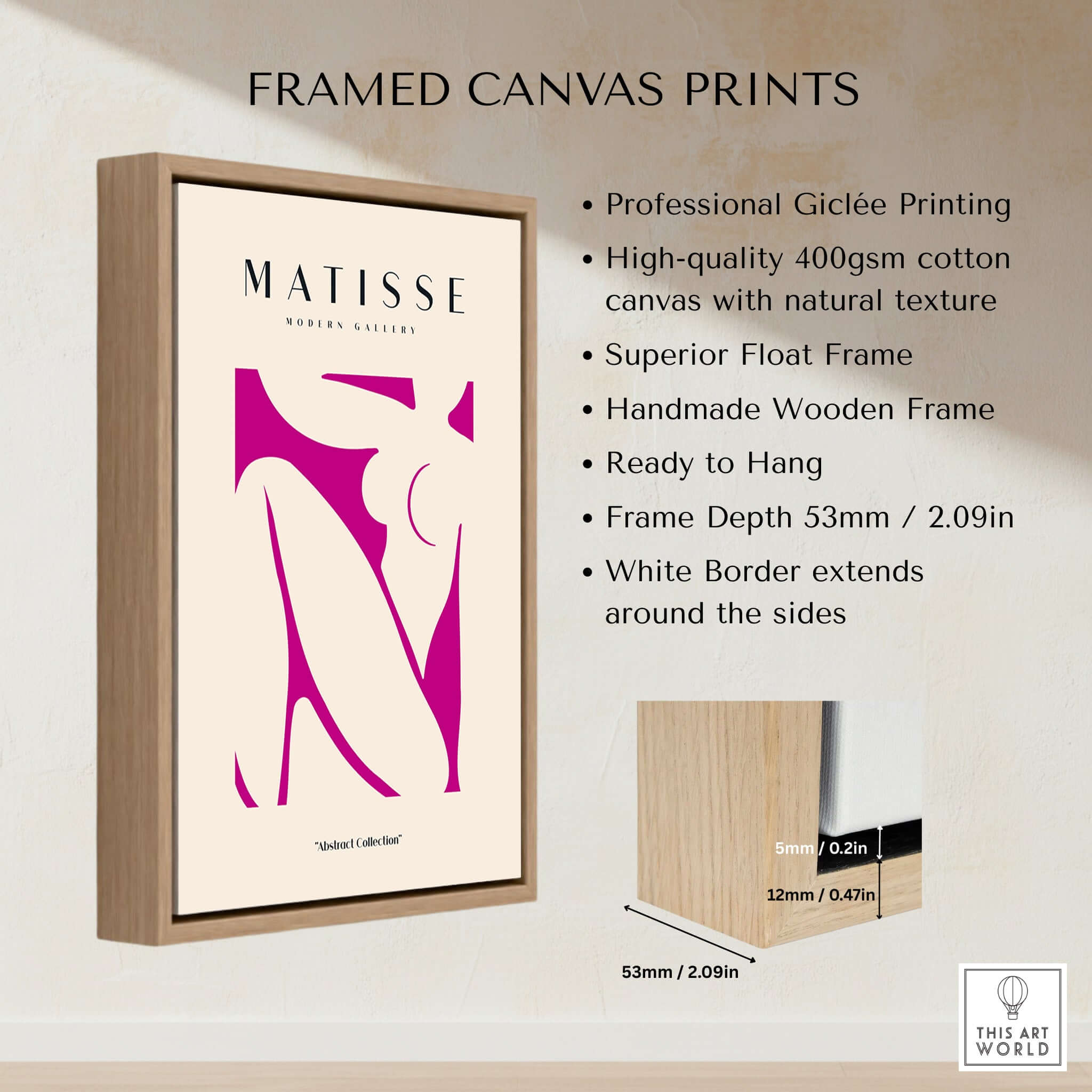 Matisse Art Prints - Pink Abstract Nude Figure Art Print framed on wooden wall, showcasing Giclée printing and vibrant design.