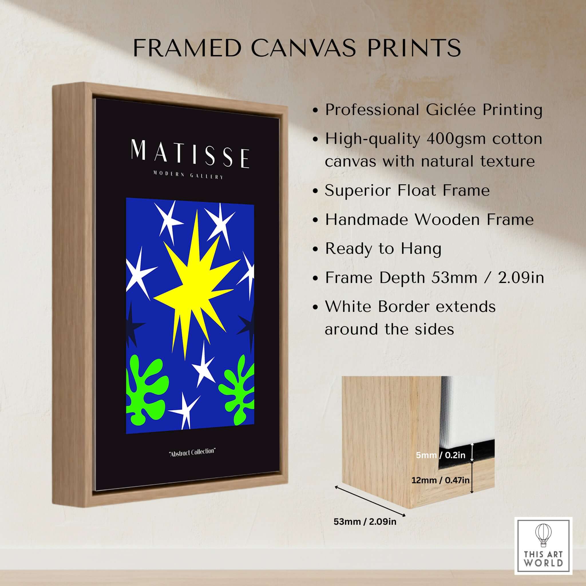Matisse Art Prints - Stars Leaves Night Sky Abstract Print Framed Canvas with vibrant colors and detailed frame description.