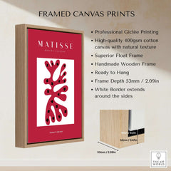 Matisse Art Prints - Red Coral Abstract Black Diamonds Poster showcased in a wooden frame with white border.