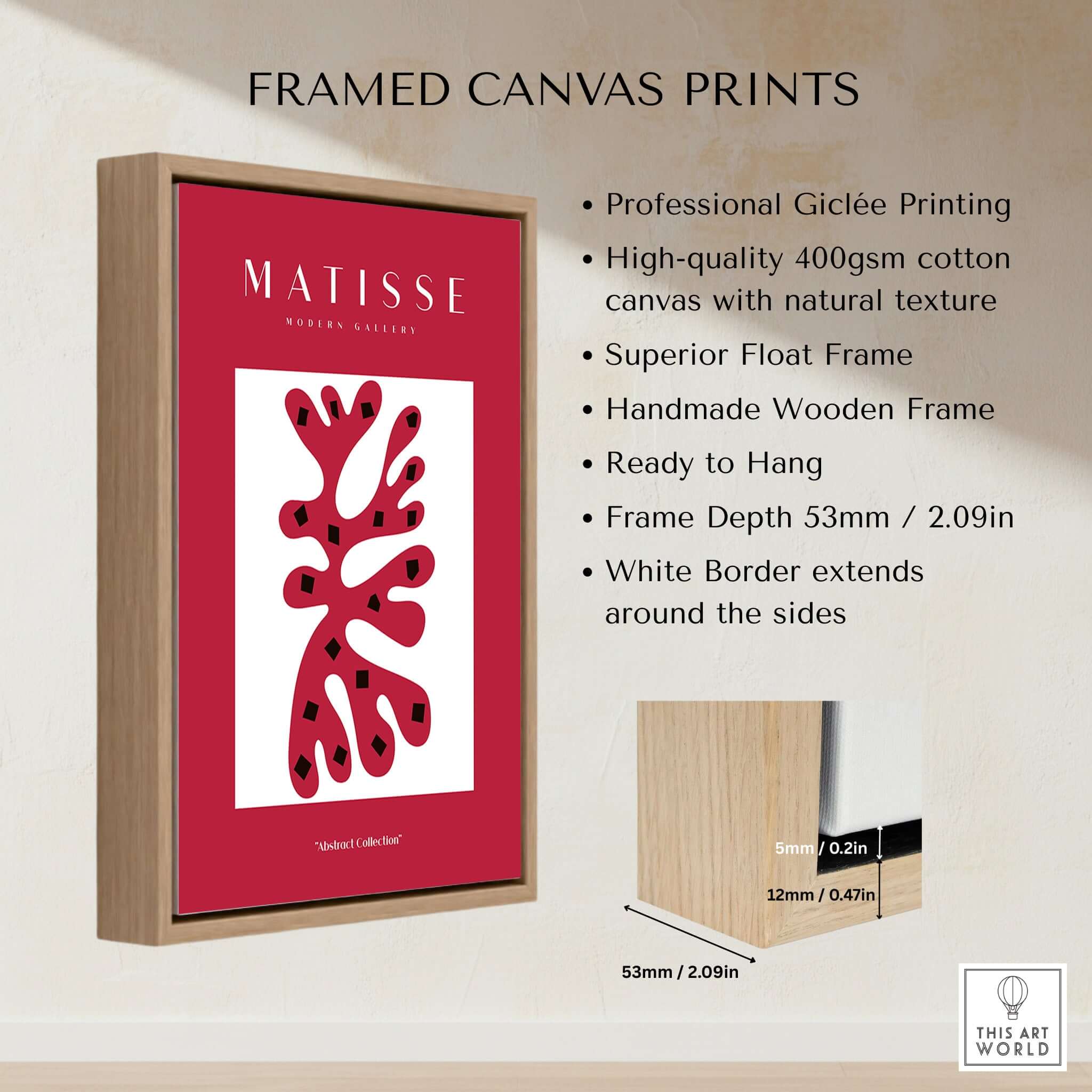 Matisse Art Prints - Red Coral Abstract Black Diamonds Poster showcased in a wooden frame with white border.
