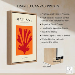 Matisse Art Prints - Red Leaf Abstract Orange Square Poster framed canvas print with beige background and wooden frame