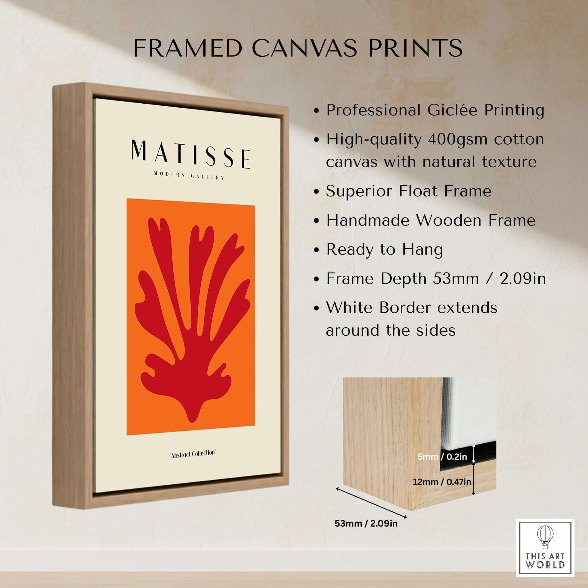 Matisse Art Prints - Red Leaf Abstract Orange Square Poster framed canvas print with beige background and wooden frame