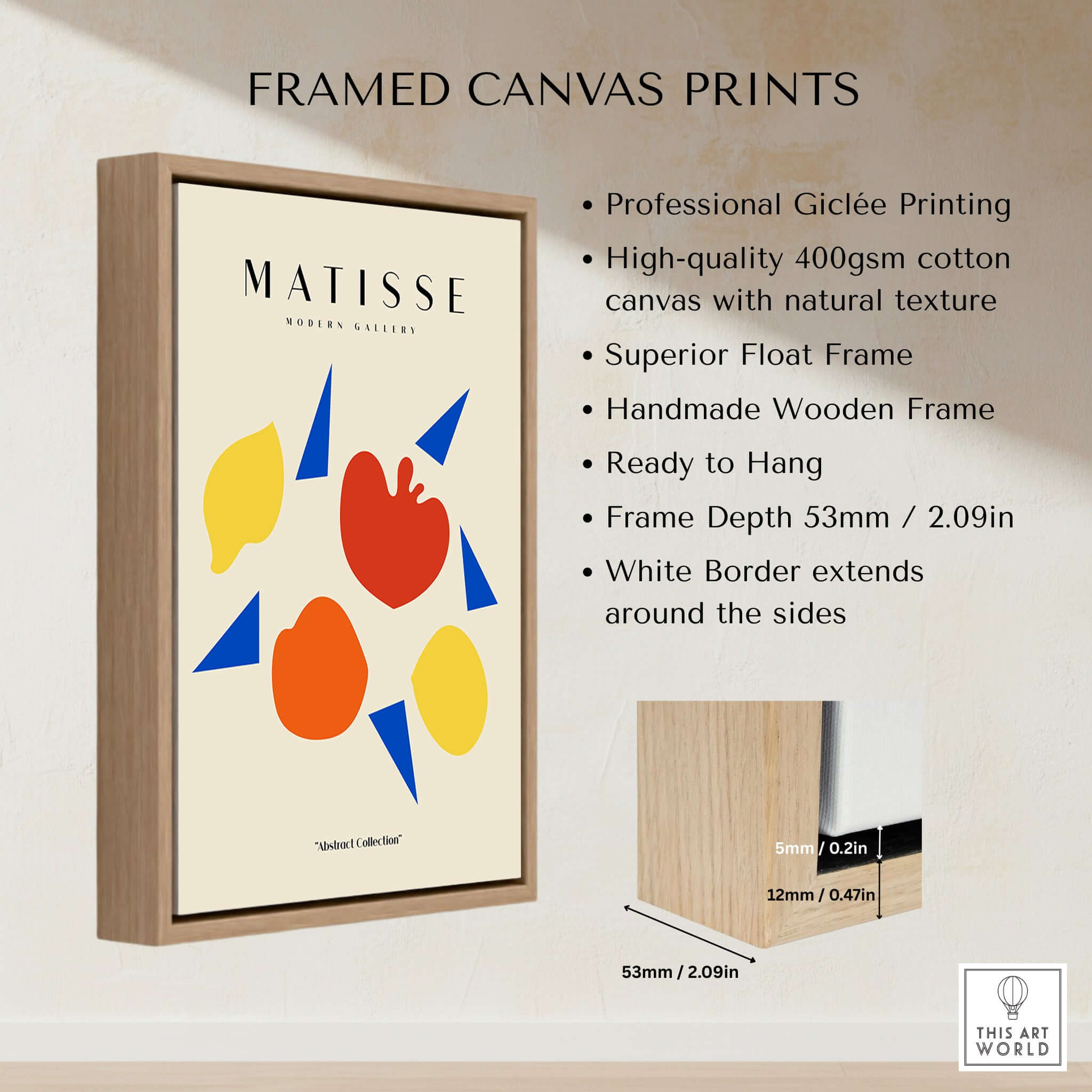 Matisse Art Prints - Abstract Fruit Shapes Blue Triangles Poster framed canvas print showcasing vibrant colors and modern design.