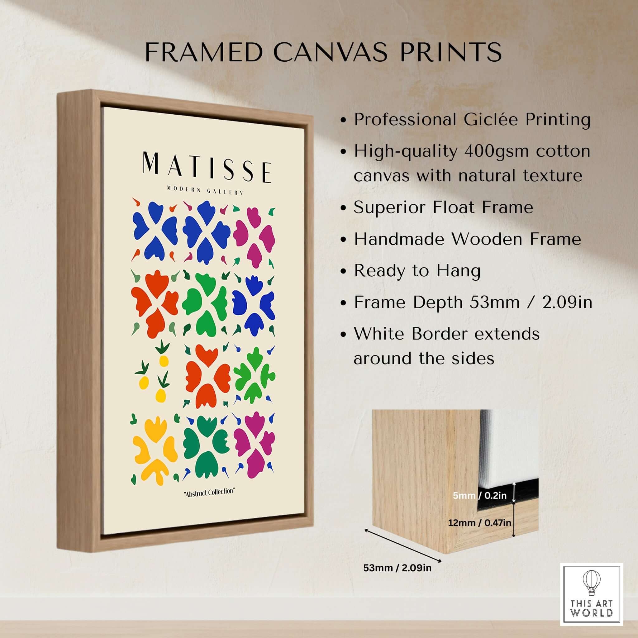 Matisse Art Prints - Abstract Floral Grid Poster framed canvas print showcasing vibrant colors and handmade wooden frame.