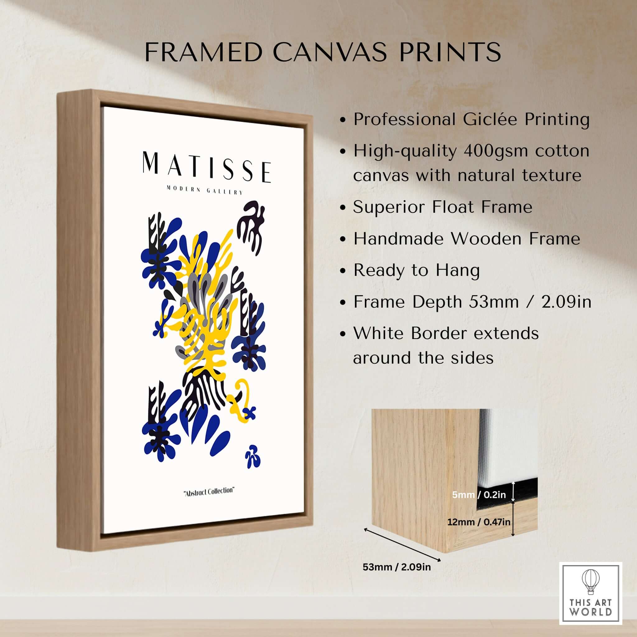 Matisse Art Prints - Abstract Floral Blue Yellow Black Poster displayed in a professional frame with quality giclée printing.