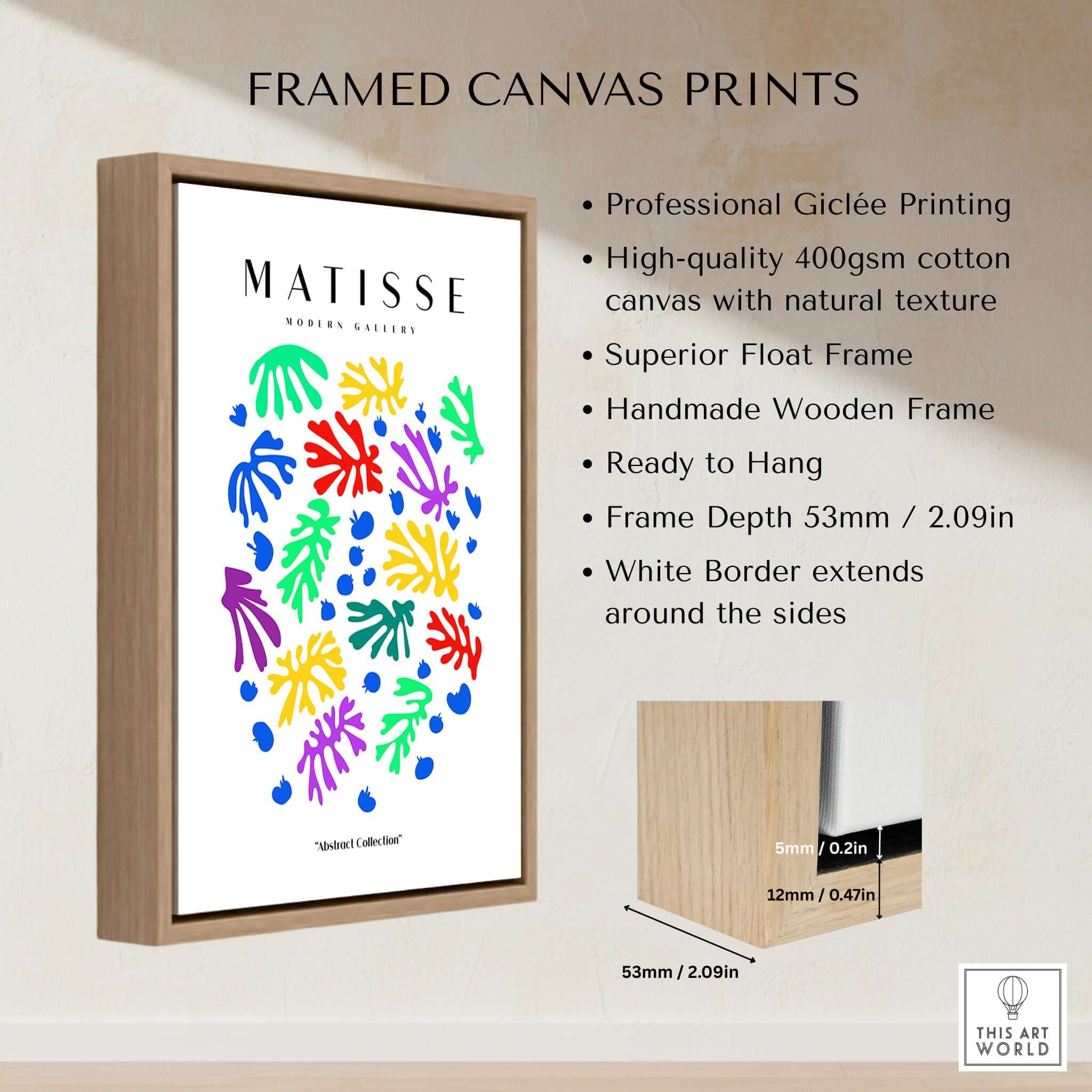 Matisse Art Prints - Colourful Scattered Abstract Leaves Dots Poster displayed in a professional wooden frame with vibrant colors.