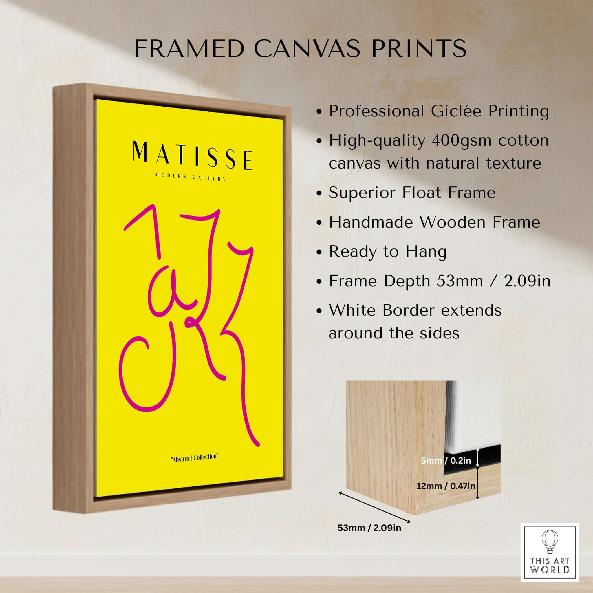 Matisse Art Prints - Jazz Pink Lettering Yellow Poster Art showcased in a professional wooden frame with high-quality printing.