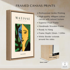 Matisse Art Prints - Split Face Blue Yellow Portrait Poster framed canvas print with natural texture and wooden frame.