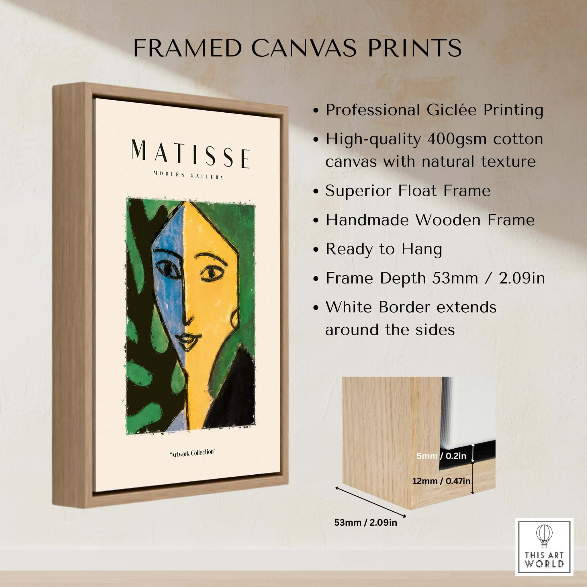 Matisse Art Prints - Split Face Blue Yellow Portrait Poster framed canvas print with natural texture and wooden frame.