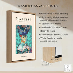 Matisse Art Prints - Woman Large Hat Portrait Teal Background Poster framed canvas print showcasing high-quality giclee printing.